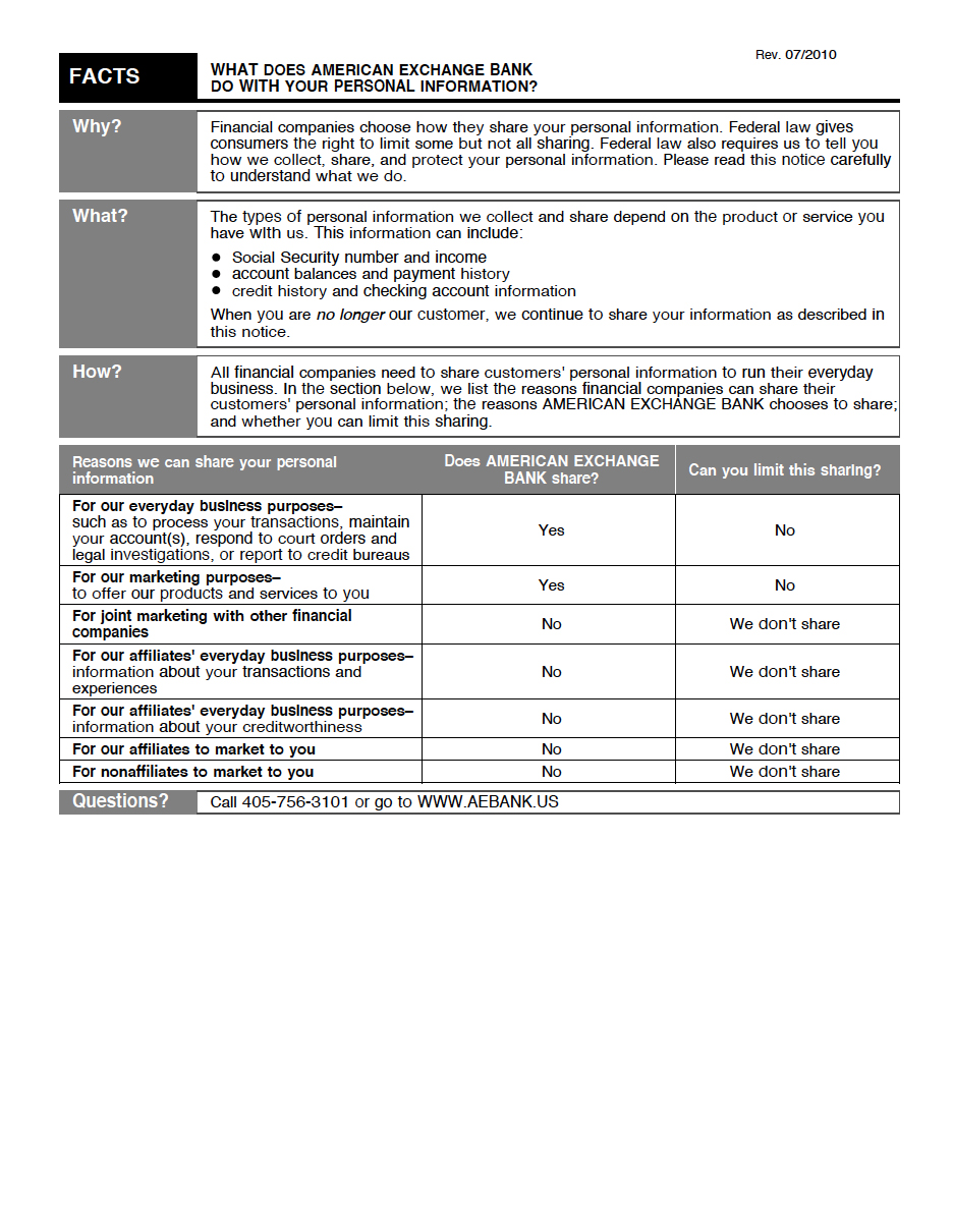 American Exchange Bank Privacy Policy Page 1