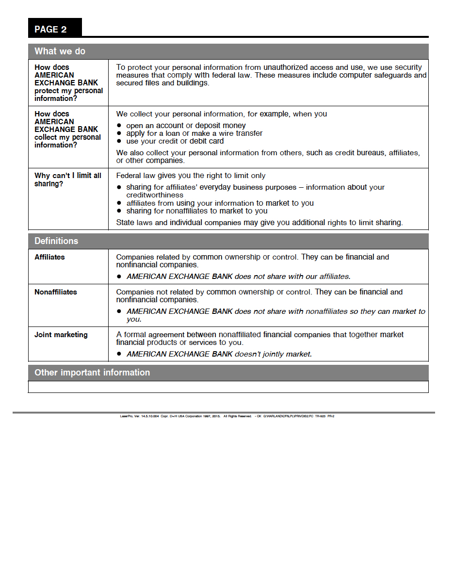 American Exchange Bank Privacy Policy Page 1